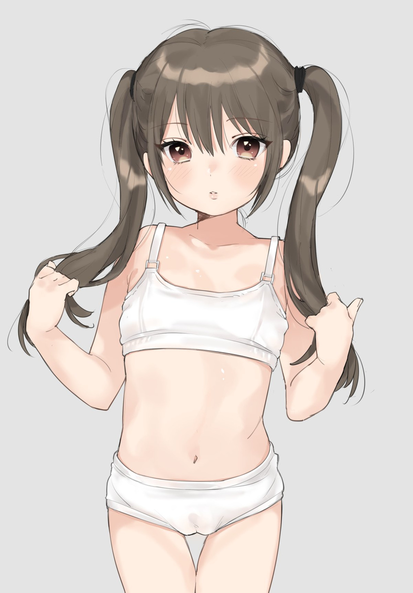 bad_id bad_twitter_id blush bra brown_eyes brown_hair cameltoe collarbone commentary female flat_chest grey_background hair_between_eyes hands_up highres inactive_account lips little_mare long_hair looking_at_viewer navel original panties parted_lips petite sidelocks simple_background solo training_bra tsurime twintails underwear underwear_only white_bra white_panties