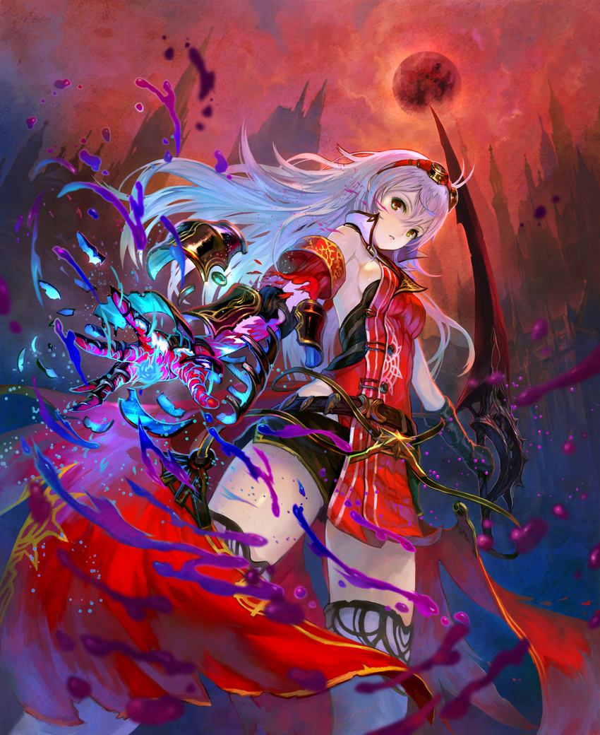 absurdres armlet arnas_(yoru_no_nai_kuni) belt breasts detached_sleeves female gloves goggles goggles_on_head highres long_hair looking_at_viewer medium_breasts official_art official_wallpaper photoshop_(medium) sideboob silver_hair solo sword weapon yoru_no_nai_kuni yoshiku_(oden-usagi)