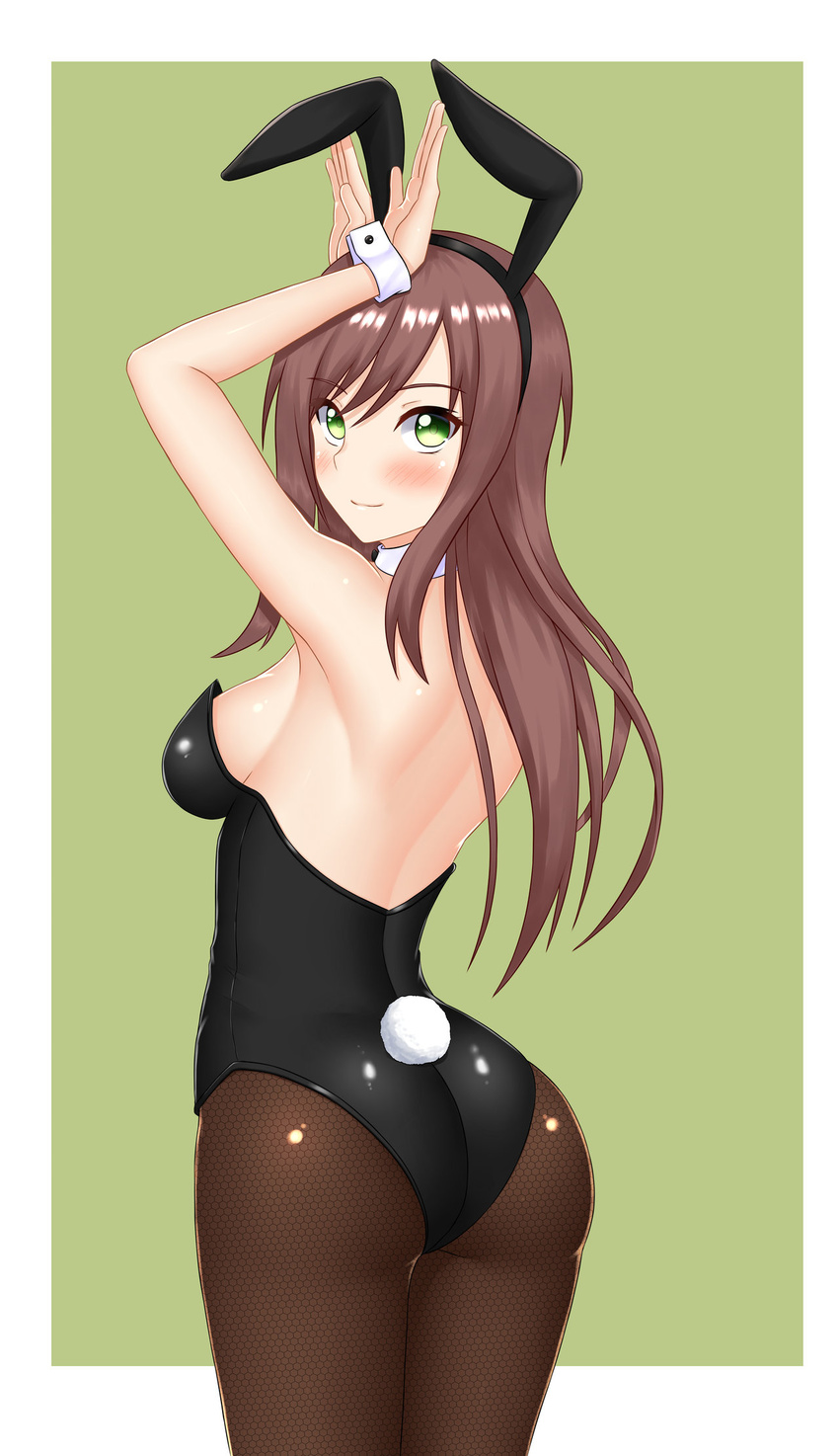 animal_ears ass black_legwear black_leotard blush border breasts brown_hair bunny_ears bunny_girl bunny_pose bunny_tail bunnysuit closed_mouth eyebrows_visible_through_hair fake_animal_ears fishnet_pantyhose fishnets from_behind green_eyes highres keshigomu leotard long_hair looking_at_viewer outside_border pantyhose shiny shiny_clothes shiny_hair shiny_skin simple_background small_breasts smile solo standing tail white_border wrist_cuffs