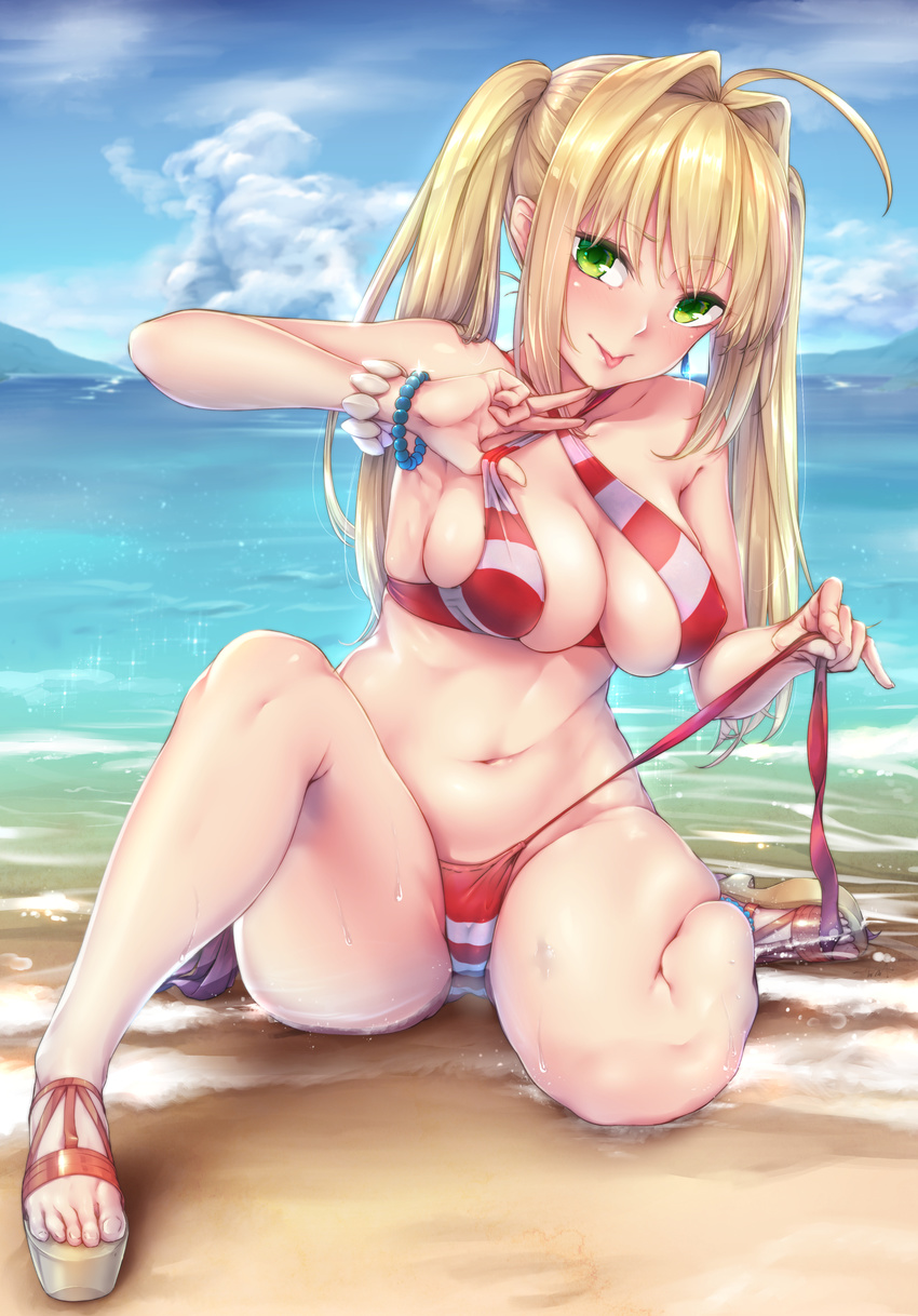 :p absurdres arm_up bare_legs beach bead_bracelet beads bikini blue_sky blush bracelet breasts cleavage closed_mouth cloud cloudy_sky commentary_request criss-cross_halter day fate/grand_order fate_(series) female green_eyes hair_intakes halterneck highres jewelry knee_up kurofude_anna large_breasts long_hair looking_at_viewer navel nero_claudius_(fate) nero_claudius_(swimsuit_caster)_(fate) ocean outdoors red_bikini revision sandals sidelocks sitting sky smile solo striped_bikini striped_clothes swimsuit thighs tongue tongue_out tsurime twintails v