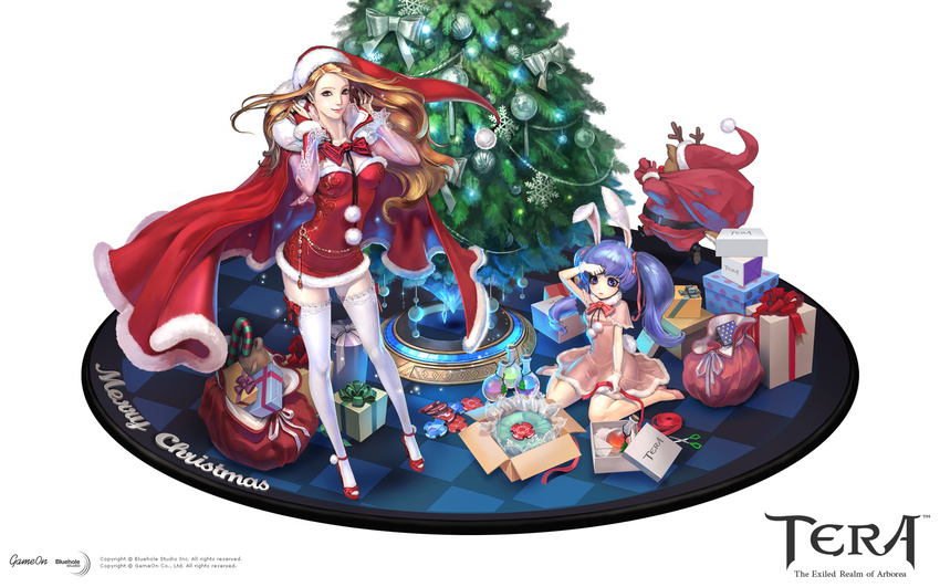 1boy 2girls animal_ears artist_request blue_eyes blue_hair bottle brown_hair cape christmas christmas_tree dress elf elin gift gloves hat high_elf high_heels highres merry_christmas multiple_girls official_art official_wallpaper photoshop_(medium) pointy_ears popori rabbit_ears ribbon santa_costume santa_hat shoes short_dress smile tail tera_online thighhighs twintails white_thighhighs zettai_ryouiki