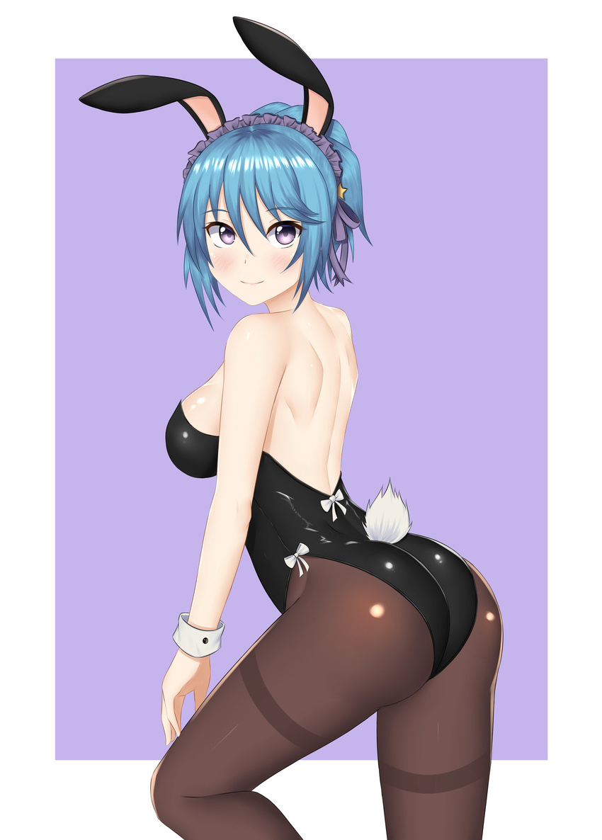 animal_ears ass bare_shoulders black_legwear black_leotard blue_hair blush border breasts bunny_ears bunny_tail bunnysuit closed_mouth eyebrows_visible_through_hair framed frilled_hairband frills hair_between_eyes hair_ribbon hairband highres keshigomu kurono_kurumu leotard looking_at_viewer medium_breasts outside_border pantyhose purple_eyes purple_ribbon ribbon rosario+vampire shiny shiny_hair shiny_skin short_hair simple_background smile solo standing strapless strapless_leotard tail white_border wrist_cuffs