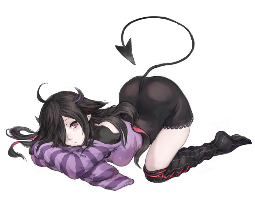 ahoge arm_pillow ass black_hair black_shirt black_skirt black_thighhighs breasts buckle closed_mouth commentary crop_top demon_girl demon_horns demon_tail expressionless female full_body hair_flaps hair_over_one_eye high-waist_skirt horns long_hair looking_at_viewer medium_breasts multicolored_hair nijisanji no_shoes off-shoulder_shirt off_shoulder pale_skin purple_shirt red_eyes red_hair shirt shu-mai simple_background skirt sleeves_past_fingers sleeves_past_wrists solo striped_clothes striped_thighhighs tail thighhighs top-down_bottom-up two-tone_hair vertical-striped_clothes vertical-striped_thighhighs virtual_youtuber white_background yamiyono_moruru yamiyono_moruru_(1st_costume)