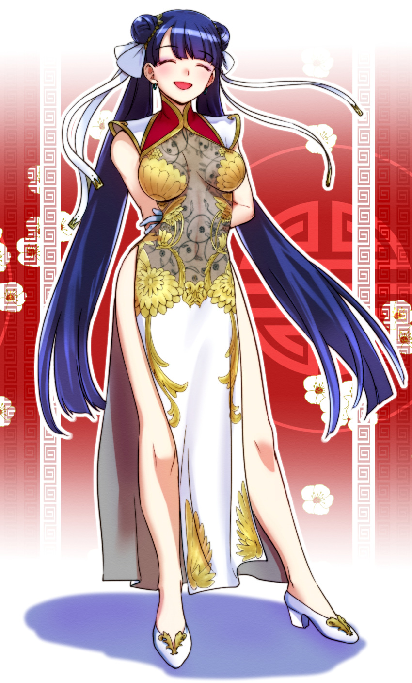 alternate_costume aoba_(smartbeat) blunt_bangs blush breasts china_dress chinese_clothes closed_eyes commentary_request double_bun dress earrings facing_viewer fate/grand_order fate_(series) female full_body gloves hair_bun hair_ribbon highres jewelry long_hair martha_(fate) martha_(traveling_outfit)_(fate) medium_breasts navel pelvic_curtain purple_hair ribbon see-through side_slit smile solo standing very_long_hair white_dress white_footwear white_gloves white_ribbon