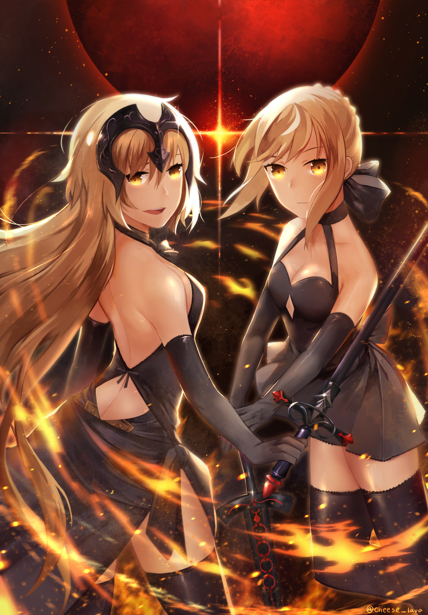 2girls :d artoria_pendragon_(fate) back bare_shoulders black_dress black_gloves black_legwear black_ribbon blonde_hair breasts butt_crack choker cleavage collarbone commentary_request dress eclipse elbow_gloves excalibur_morgan_(fate) fate/grand_order fate_(series) floating_hair gloves gothic_lolita hair_between_eyes hair_ribbon highres holding holding_sword holding_weapon jeanne_d'arc_alter_(avenger)_(fate) jeanne_d'arc_alter_(avenger)_(third_ascension)_(fate) jeanne_d'arc_alter_(fate) jeanne_d'arc_alter_(holy_night_supper)_(fate) lolita_fashion long_hair looking_at_viewer medium_breasts multiple_girls open_mouth pleated_dress ribbon rirene_rn saber_alter short_dress sidelocks sleeveless sleeveless_dress smile standing sword thighhighs very_long_hair weapon yellow_eyes zettai_ryouiki