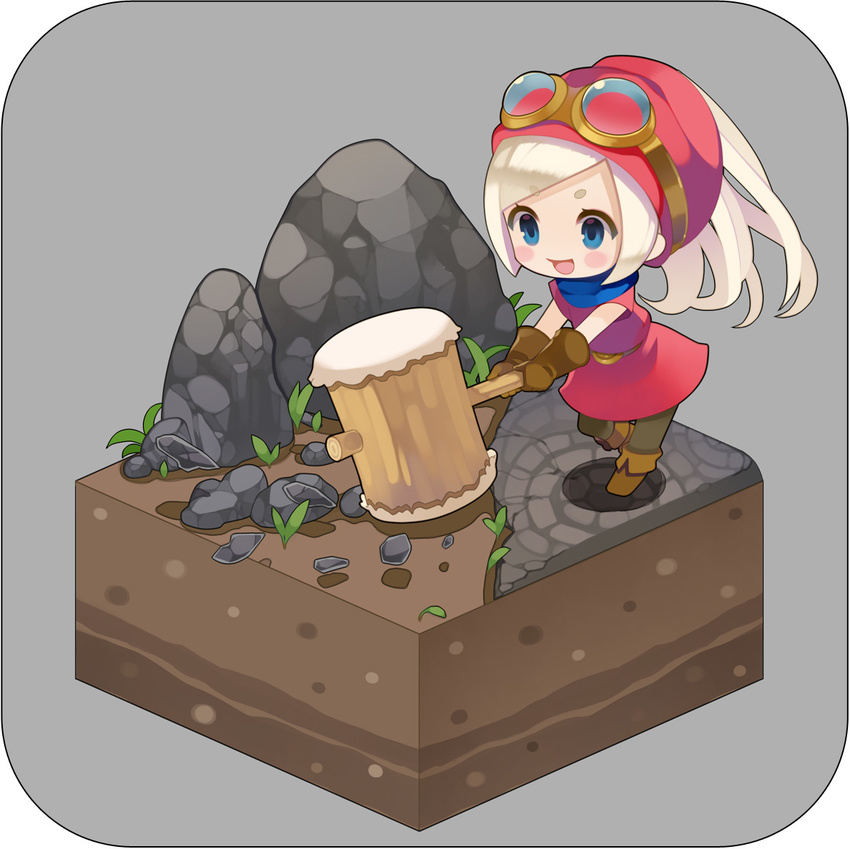 :d blonde_hair blue_eyes blush_stickers boots chibi commentary_request dragon_quest dragon_quest_builders faux_figurine female female_builder_(dqb) gloves goggles goggles_on_head grass grey_background hammer hat isometric long_hair open_mouth ponytail puti_devil rock simple_background smile solo