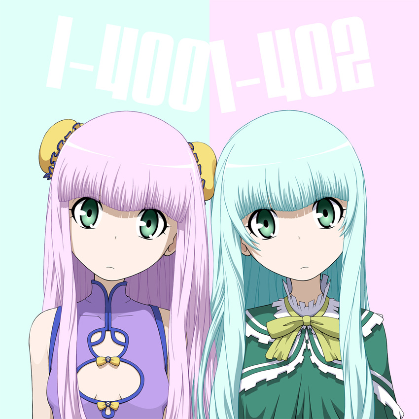 2girls aoki_hagane_no_arpeggio bad_id bad_pixiv_id breasts bun_cover character_name chinese_clothes cleavage_cutout clothing_cutout double_bun dress green_eyes green_hair hair_bun head_tilt i-400_(aoki_hagane_no_arpeggio) i-402_(aoki_hagane_no_arpeggio) kamo_3 long_hair looking_at_viewer multiple_girls neck_ribbon photoshop_(medium) purple_hair ribbon shawl single_hair_bun small_breasts upper_body