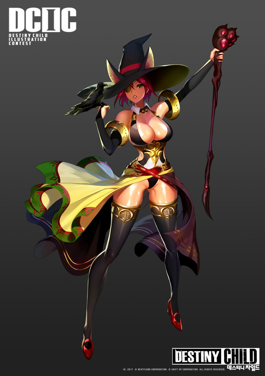 absurdres animal_ears bad_id bad_pixiv_id black_hat blush breasts cat_ears cleavage commentary_request company_name copyright_name destiny_child eyepatch female full_body green_eyes hat high_heels highres holding holding_staff jai_(whany1998) large_breasts looking_at_viewer navel parted_lips photoshop_(medium) red_hair solo staff teeth thighhighs witch_hat