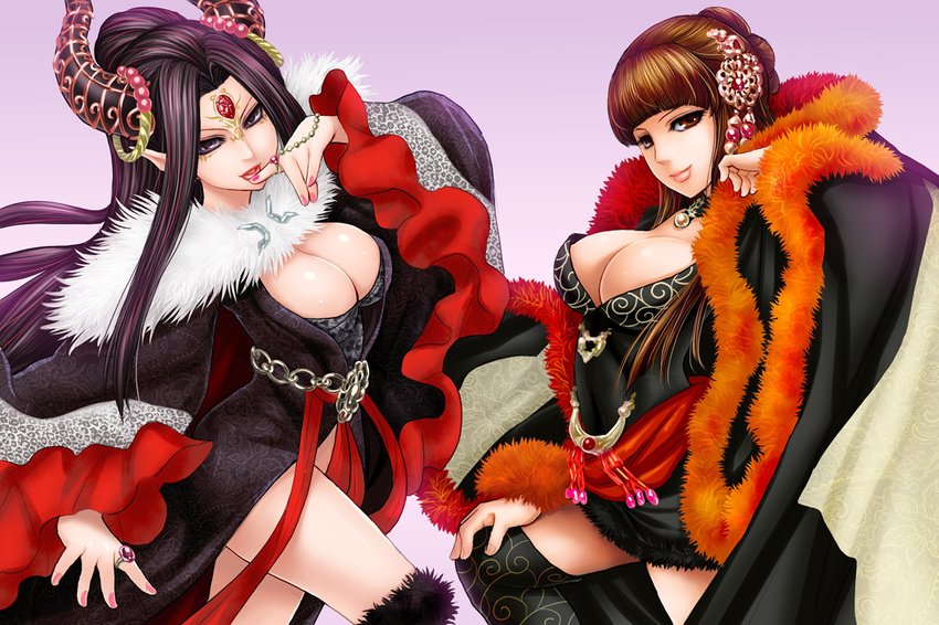 2girls breasts cleavage commentary_request horn_ornament horn_ring horns jewelry large_breasts multiple_girls nail_polish pili_budaixi ring sca_jam thunderbolt_fantasy xing_hai