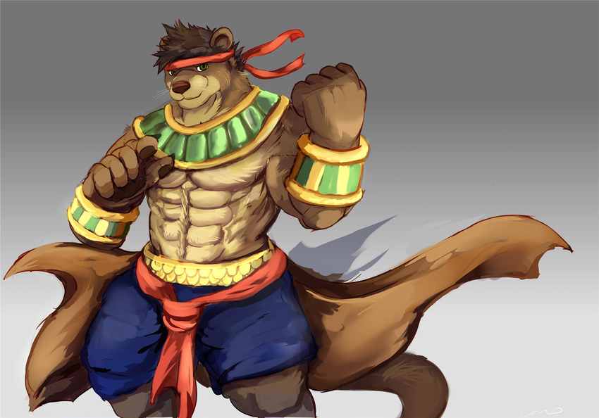 abs bottomwear clothed clothing coat fd-caro fist hi_res male mammal muscular muscular_male mustelid otter pants paws solo topless topwear tribal zake