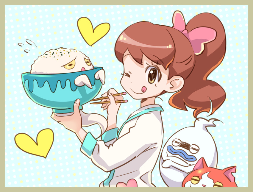 blue_lips border bowl brown_hair chopsticks commentary_request feline female heart high_ponytail jibanyan jjjjjj kodama_fumika licking_lips long_hair notched_ear one_eye_closed rice_bowl smile tongue tongue_out urayameshi whisper_(youkai_watch) youkai_(youkai_watch) youkai_watch