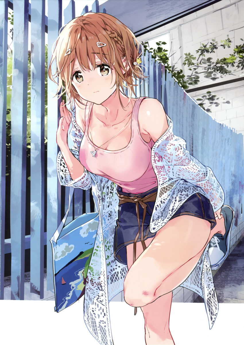 absurdres bag bare_shoulders blue_footwear blue_skirt braid breasts brown_eyes brown_hair casual cleavage closed_mouth collarbone cowboy_shot day denim denim_skirt female fence fingernails flower hair_between_eyes hair_flower hair_ornament hairclip hand_up handbag highres jewelry koiwai_yoshino leg_up looking_at_viewer masamune-kun_no_revenge medium_breasts miniskirt necklace off_shoulder outdoors pink_shirt pink_tank_top scan shirt shoelaces shoes short_hair skirt sleeveless sneakers solo standing standing_on_one_leg tank_top tearing_up tears tiv