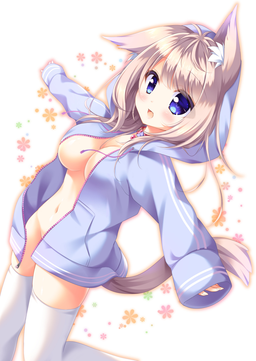 :d absurdres animal_ear_fluff animal_ears blue_eyes blue_jacket blush breasts cleavage coat commentary_request dutch_angle female fingernails groin hair_between_eyes highres hood hood_up hooded_jacket jacket kinari_momiji light_brown_hair long_hair long_sleeves looking_at_viewer looking_to_the_side medium_breasts naked_coat navel oerba_yun_fang open_mouth outstretched_arms ryuuka_sane sleeves_past_wrists smile solo spread_arms tail thighhighs white_background white_thighhighs yorite_konoha_wa_kurenai_ni