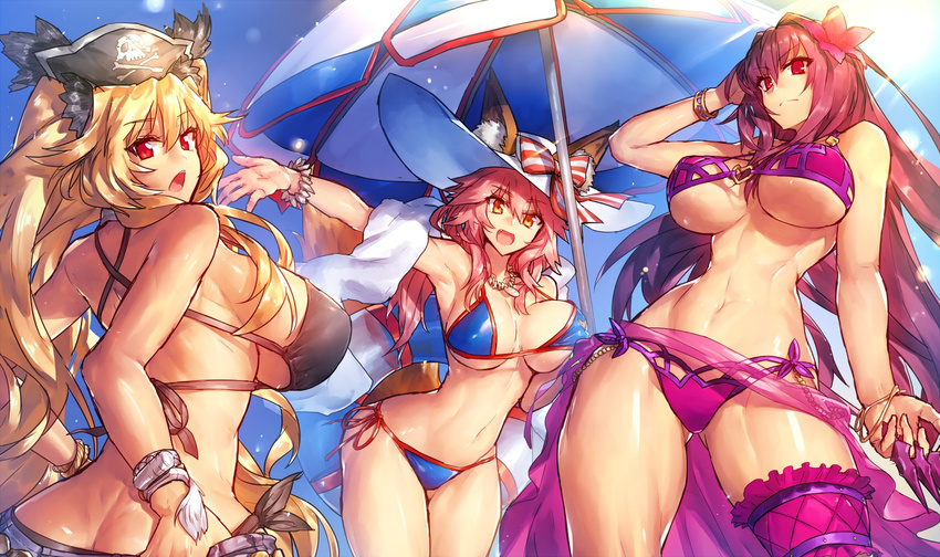 3girls :d animal_ears anne_bonny_(fate) anne_bonny_(swimsuit_archer)_(fate) anne_bonny_(swimsuit_archer)_(first_ascension)_(fate) armpits ass_visible_through_thighs beach_umbrella bikini black_bikini blonde_hair blue_bikini bow bracelet breasts butt_crack cleavage commentary_request cowboy_shot day ears_through_headwear fate/grand_order fate_(series) flower fox_ears fox_girl fox_tail groin hair_flower hair_ornament hat hat_bow hibiscus highres innertube jewelry large_breasts long_hair looking_at_viewer melon22 multiple_girls navel necklace open_mouth pink_hair pirate_hat purple_bikini purple_hair red_eyes sarong scathach_(fate) scathach_(swimsuit_assassin)_(fate) side-tie_bikini_bottom sideboob skull_and_crossbones sky smile striped striped_bow swim_ring swimsuit tail tamamo_(fate) tamamo_no_mae_(swimsuit_lancer)_(fate) tamamo_no_mae_(swimsuit_lancer)_(third_ascension)_(fate) thick_thighs thighs twintails umbrella underboob very_long_hair white_hat yellow_eyes