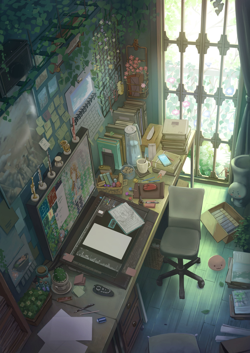 :3 absurdres balcony basket book book_stack bookshelf bottle box cactus calendar_(object) candy cellphone chair charm_(object) commentary_request computer computer_mouse cup day desk drawing_tablet eraser flower food graphite_(medium) highres indoors key leaf letter lollipop magazine_(object) md5_mismatch messy_room mitsuki_(yu_hsiang_yi) monitor mousepad_(object) no_humans office_chair original paper pen pencil phone photoshop_(medium) plant poster_(object) pot potted_plant room scenery shelf smartphone sticky_note stuffed_toy swivel_chair traditional_media tray trophy vial window windows_desktop