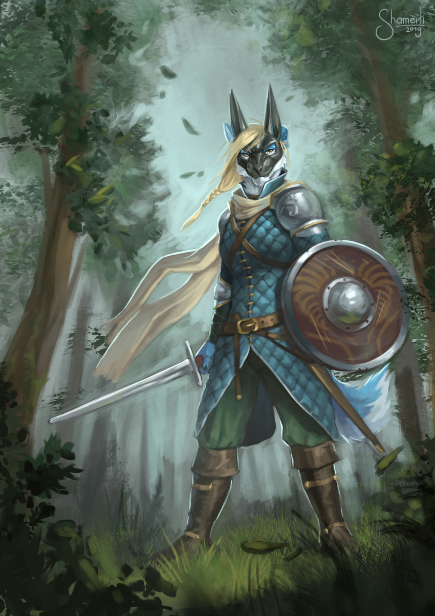 anthro armor blonde_hair blue_body blue_fur brown_scabbard canid canine curled_tail fantasy female forest fur gambeson hair hi_res leather mallory_reynolds mammal mask medieval melee_weapon plant round_shield scabbard scarf shamerli shield sword tail tree weapon