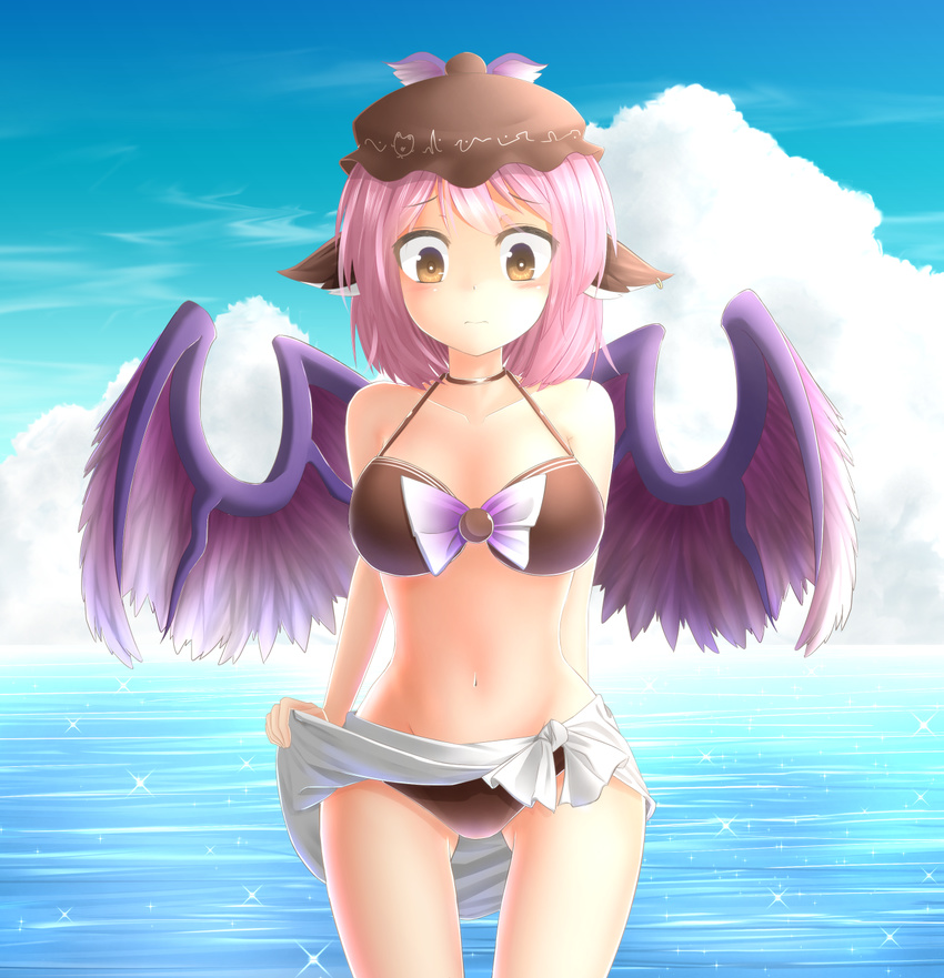 animal_ears bad_id bad_pixiv_id bikini breasts brown_eyes cloud collarbone curvy day earrings female hat highres jewelry juji large_breasts looking_down marisa_to_alice_no_cookie_storia mystia_lorelei navel ocean pink_hair sarong short_hair single_earring sky solo swimsuit thigh_gap touhou wings