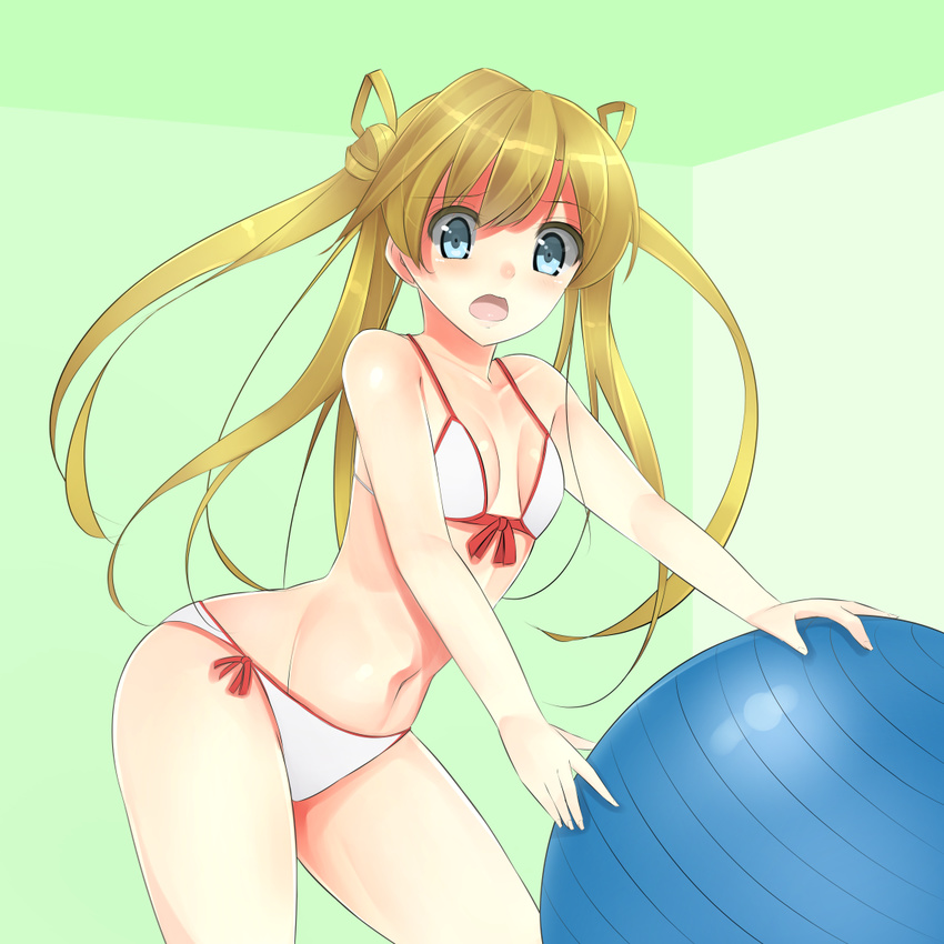 abukuma_(kancolle) bikini blue_eyes breasts commentary_request female front-tie_bikini_top front-tie_top green_background green_hair hair_bobbles hair_ornament kantai_collection long_hair navel side-tie_bikini_bottom small_breasts solo sonyntendo swimsuit white_bikini