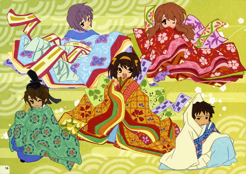 2boys 3girls absurdres asahina_mikuru brown_hair comiket_79 egasumi hat highres ikeda_shouko japanese_clothes kariginu kimono koizumi_itsuki kyon long_hair multiple_boys multiple_girls nagato_yuki non-web_source official_art one_eye_closed purple_hair scan seigaiha short_hair suzumiya_haruhi suzumiya_haruhi_no_yuuutsu