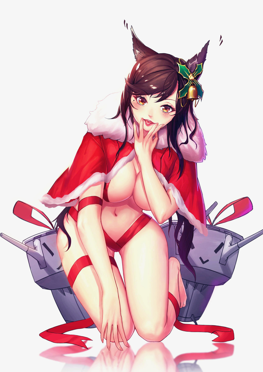 absurdres alternate_costume animal_ears atago_(azur_lane) azur_lane bell black_hair breasts brown_eyes cape christmas commentary female hair_bell hair_ornament highres large_breasts lmz1234tapir long_hair looking_at_viewer mole mole_under_eye navel photoshop_(medium) red_cape solo swept_bangs turret