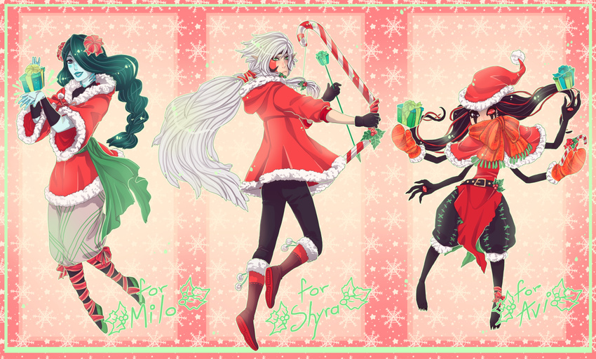 3girls alani aliens battleborn black_hair blue_skin boots christmas extra_arms gift gifts gloves multiple_girls orendi_(battleborn) pointy_ears santa_hat santa_suit scarf thorn_(battleborn) twintails white_hair