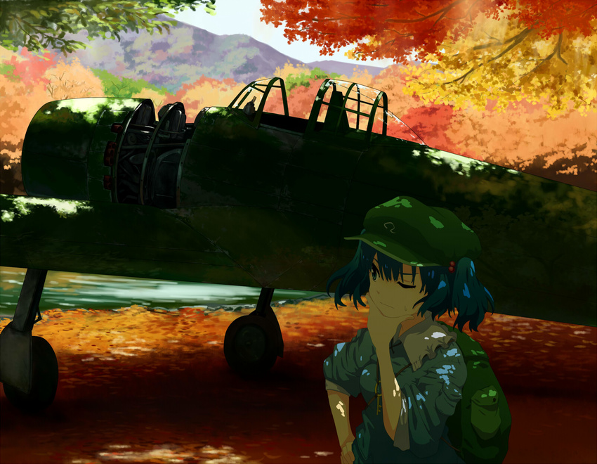 aircraft airplane aqua_eyes autumn autumn_leaves backpack bag blue_eyes blue_hair bush cloud cloudy_sky commentary_request female field forest grass hair_bobbles hair_ornament hand_on_own_cheek hand_on_own_chin hand_on_own_face hand_on_own_hip hat highres kawashiro_nitori leaf light_rays maple_leaf maple_tree mountain n1k nature one_eye_closed plant propeller puffy_short_sleeves puffy_sleeves reflection river rock shade shadow shiratama_(hockey) shirt short_sleeves skirt sky sleeves_rolled_up smile solo stone sunlight sweatdrop touhou tree two_side_up vehicle_focus water