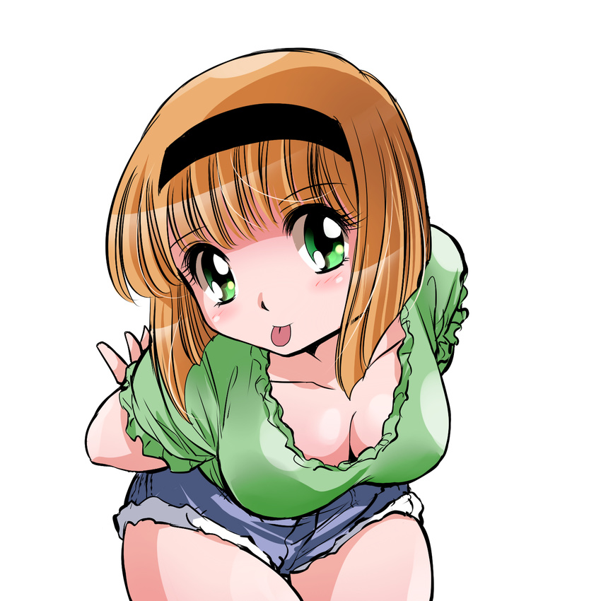 :p arms_behind_back bent_over blush breasts cleavage commentary_request cutoffs downblouse female green_eyes hairband highres hosokawa_miki jigoku_sensei_nube large_breasts looking_at_viewer orange_hair scoop_neck shirai_sanjirou short_hair short_shorts shorts solo tongue tongue_out