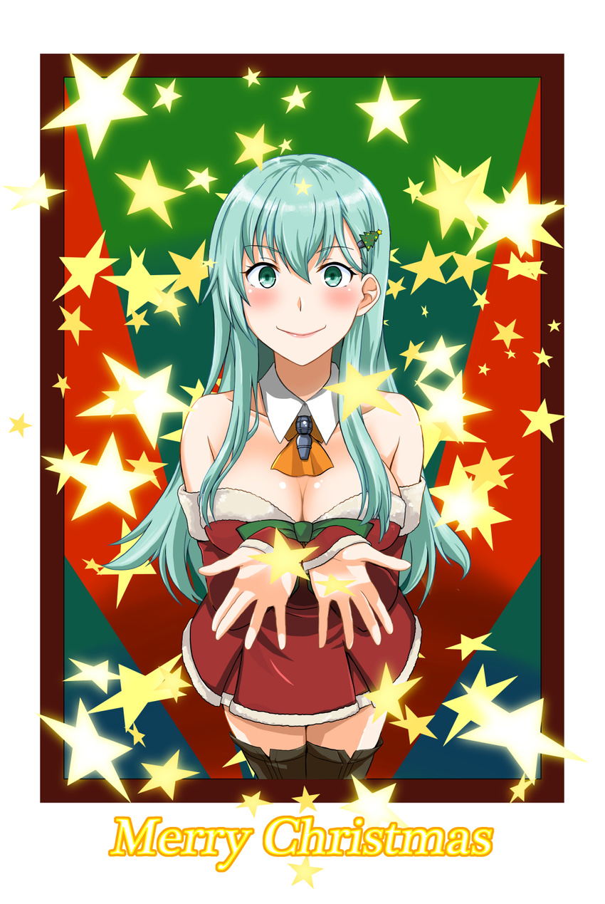 ascot blush breasts christmas christmas_tree_hair_ornament cleavage commentary_request dress fcmokuba female from_above green_eyes green_hair hair_ornament highres kantai_collection large_breasts long_hair looking_at_viewer merry_christmas red_dress smile solo star_(symbol) starry_background strapless strapless_dress suzuya_(kancolle) thighhighs zettai_ryouiki