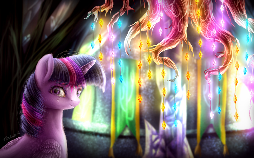 16:10 2015 9de-light6 alicorn bodily_fluids chandelier crying equid equine feathered_wings feathers female feral friendship_is_magic fur gem glowing hair hasbro hi_res horn inside looking_at_viewer mammal multicolored_hair my_little_pony mythological_creature mythological_equine mythology plant purple_body purple_eyes purple_feathers purple_fur root solo tapestry tears tree twilight_sparkle_(mlp) widescreen wings