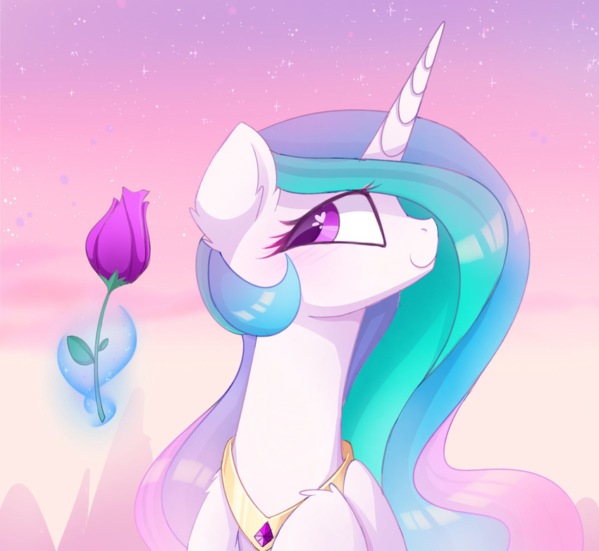 2016 alicorn best_princess blush equid equine feathers female feral flower friendship_is_magic fur gold_(metal) hair hasbro heart_symbol hi_res horn jewelry magnaluna mammal multicolored_hair multicolored_tail my_little_pony mythological_creature mythological_equine mythology necklace plant princess_celestia_(mlp) purple_eyes royalty smile solo sparkles tail white_body white_feathers white_fur wings