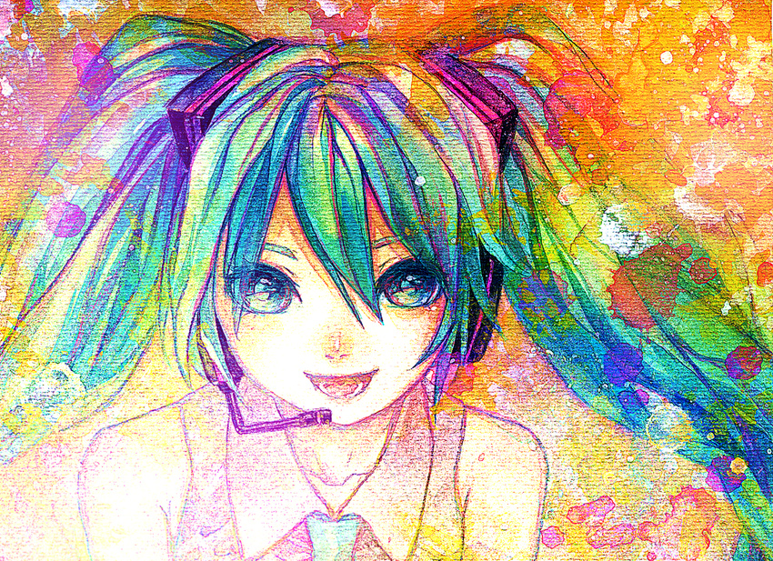 bad_id bad_pixiv_id bare_shoulders bonnou-s-rice colorful female green_eyes green_hair hatsune_miku headset highres long_hair looking_at_viewer open_mouth paint_splatter painting_(medium) smile solo traditional_media upper_body vocaloid watercolor_(medium)