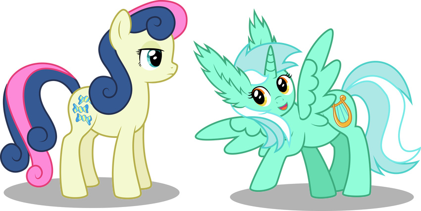 2015 9de-light6 absurd_res alicorn alpha_channel amber_eyes blue_eyes bonbon_(mlp) cutie_mark duo earth_pony equid equine feathered_wings feathers female feral friendship_is_magic fur green_body green_feathers green_fur hair hasbro hi_res horn horse lyra_heartstrings_(mlp) mammal multicolored_hair my_little_pony mythological_creature mythological_equine mythology pony simple_background smile text transparent_background two_tone_hair wings