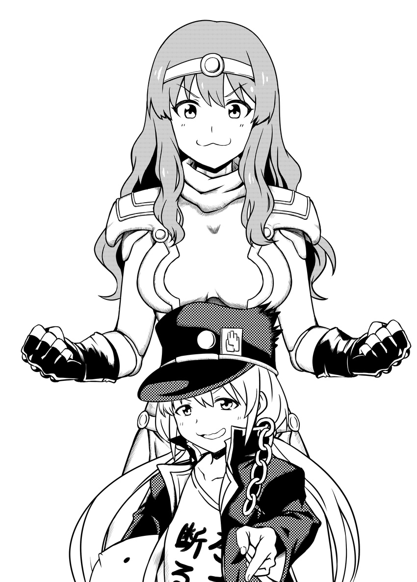 2girls :3 absurdres breasts chains cleavage clothes_writing commentary_request cosplay fingerless_gloves futaba_anzu gakuran gloves greyscale hat headband height_difference highres idolmaster idolmaster_cinderella_girls jojo_no_kimyou_na_bouken jojo_pose kujo_jotaro kujo_jotaro's_pose_(jojo) kujo_jotaro_(cosplay) long_coat long_hair medium_breasts monochrome moroboshi_kirari multiple_girls naginoya open_mouth pointing pointing_at_viewer pose school_uniform shirt stand_(jojo) star_platinum star_platinum_(cosplay) stuffed_toy t-shirt trait_connection twintails v-shaped_eyebrows wavy_mouth