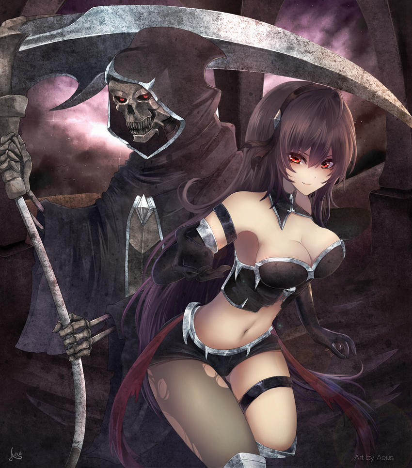 aeus axe black_hair breasts cleavage commentary_request elbow_gloves female gloves headband highres long_hair looking_at_viewer navel original pantyhose pantyhose_around_one_leg red_eyes signature skull torn_clothes torn_pantyhose weapon