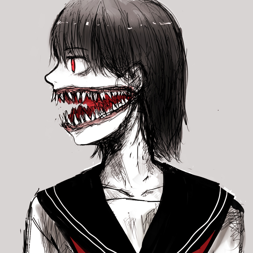 bad_id bad_pixiv_id black_hair female glasgow_smile highres kuchisake-onna original red_eyes school_uniform sharp_teeth solo teeth traditional_youkai un-known_(ninesix)