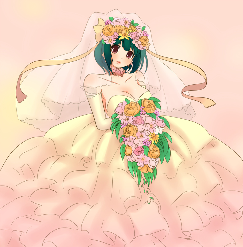 bouquet breasts bridal_veil bride cleavage commentary_request dress female flower gown green_hair highres idolmaster idolmaster_(classic) maiko_(yoshida308) medium_breasts mole mole_under_mouth otonashi_kotori red_eyes short_hair solo veil wedding_dress