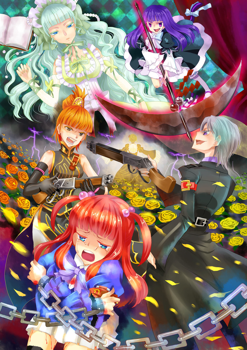 5girls aqua_hair armband bad_id bad_pixiv_id beatrice_(umineko) black_thighhighs blood blue_eyes book bow brown_eyes cat_tail chains china_dress chinese_clothes clair_vaux_bernardus dress elbow_gloves flower frederica_bernkastel frills gem gloves grey_hair gun hair_bobbles hair_ornament headdress highres long_hair multiple_girls natsujiru oerba_yun_fang pearl_(gemstone) photoshop_(medium) pleated_skirt purple_eyes purple_hair red_hair rose scythe short_hair skirt tail thighhighs umineko_no_naku_koro_ni ushiromiya_ange ushiromiya_eva ushiromiya_kyrie weapon yellow_flower yellow_rose zettai_ryouiki