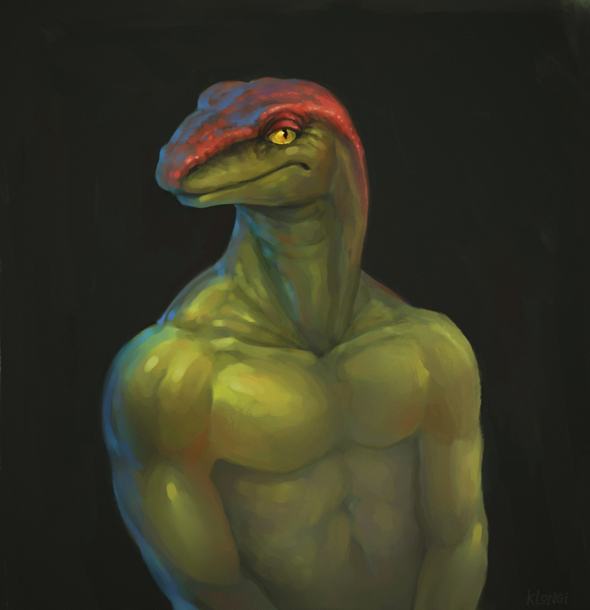 abstract_background ambiguous_gender anthro front_view gecko green_body grey_background half-closed_eyes half-length_portrait hi_res klongi lizard long_mouth looking_at_viewer muscular muscular_ambiguous muscular_anthro narrowed_eyes no_sclera nude portrait pupils red_body reptile scalie simple_background slit_pupils snout solo yellow_eyes