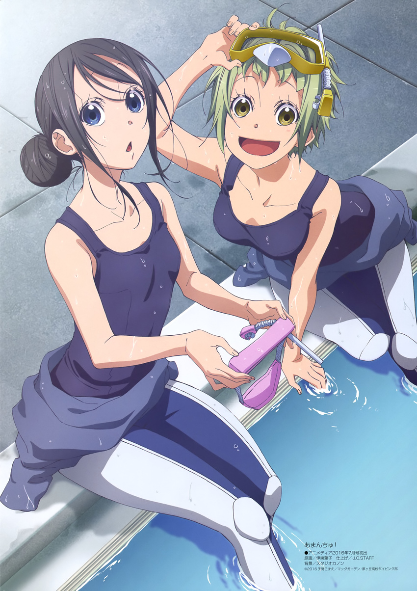 2girls :d absurdres amanchu! black_hair blue_eyes bodysuit diving_mask diving_mask_on_head diving_suit goggles goggles_on_head green_eyes green_hair hair_bun highres kohinata_hikari looking_at_viewer multiple_girls official_art one-piece_swimsuit ooki_futaba open_mouth scan school_swimsuit short_hair single_hair_bun sitting smile snorkel swimsuit water wetsuit