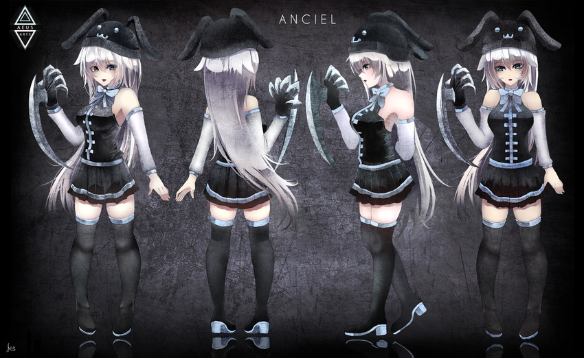 aeus anciel_(aeus) animal_ears boots commentary_request elbow_gloves female gloves highres hood hoodie long_hair necktie original rabbit_ears skirt thigh_boots thighhighs weapon white_hair zettai_ryouiki