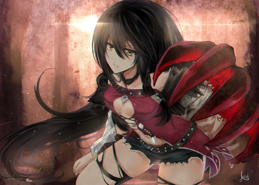 aeus black_hair braid breasts commentary_request female highres long_hair looking_at_viewer navel shorts signature solo sun tales_of_(series) tales_of_berseria thighhighs torn_clothes torn_thighhighs velvet_crowe yellow_eyes