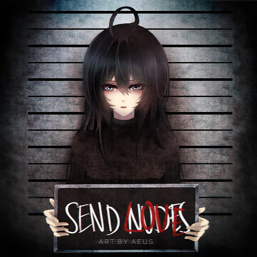 aeus black_hair blue_eyes commentary_request female highres looking_at_viewer meme mugshot original prison sign solo