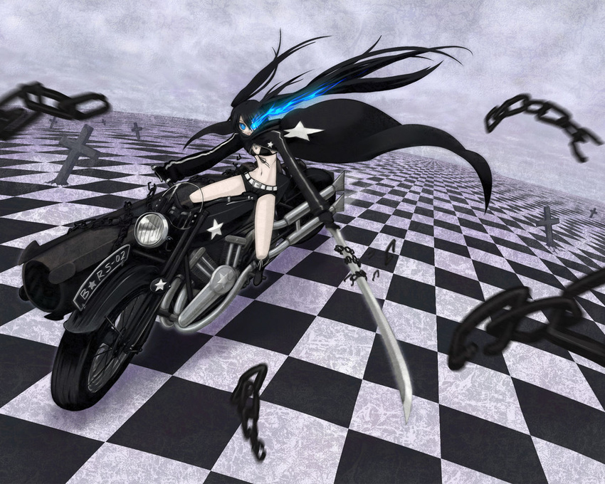 arm_cannon belt bikini bikini_top black_bikini black_gloves black_hair black_rock_shooter black_rock_shooter_(character) blue_eyes boots cannon cape chains checkered checkered_floor coat cross dark female female floor front-tie_top gloves glowing glowing_eyes holding huge_weapon katana kurakumo_nue legs long_hair looking_at_viewer midriff motion_blur motor_vehicle motorcycle navel short_shorts shorts solo swimsuit sword thighs twintails vehicle wallpaper weapon wheel