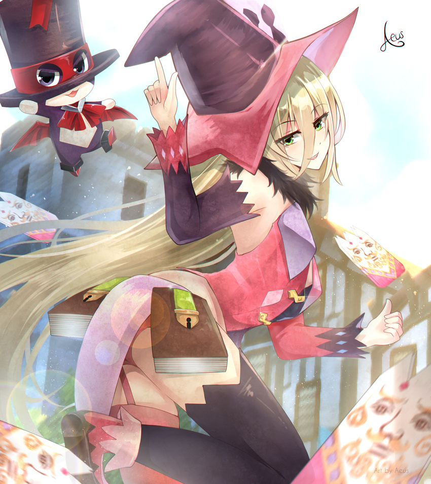 aeus book boots commentary_request female garter_straps green_eyes hat highres long_hair looking_at_viewer magilou_(tales) signature tales_of_(series) tales_of_berseria thighhighs witch