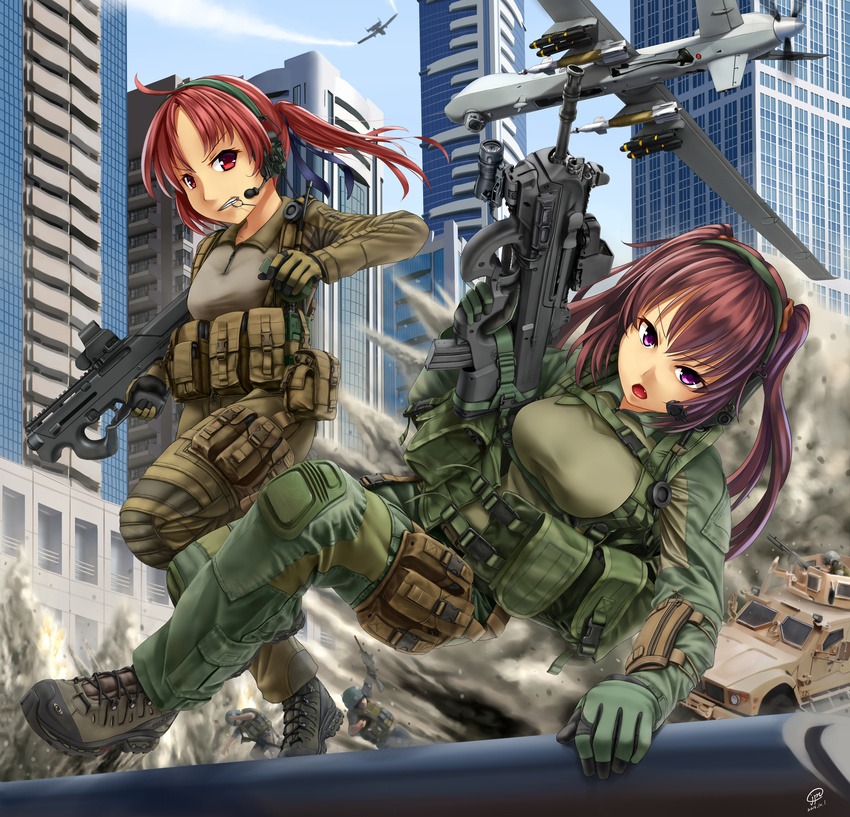 2girls a-10_thunderbolt_ii absurdres action assault_rifle battle bomb boots building bullpup city clenched_teeth combat_boots commentary contrail dated day drone english_commentary eotech explosion explosive fn_f2000 gloves grenade grenade_pin grenade_pin_in_mouth ground_vehicle gun hair_ribbon headset helmet highres holding holding_gun holding_weapon holster humvee jpc knee_pads load_bearing_vest long_hair magpul_pdr military military_vehicle missile motor_vehicle mouth_hold mq-9_reaper multiple_boys multiple_girls open_mouth original ponytail purple_eyes purple_hair red_eyes red_hair ribbon rifle road running scrunchie signature silhouette sky soldier street submachine_gun teeth thigh_holster twintails uav war weapon