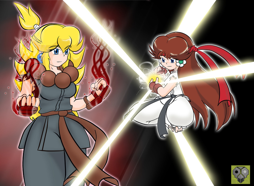 2girls akuma akuma_(cosplay) capcom cosplay gouki gouki_(cosplay) mario_(series) multiple_girls nintendo parody princess_daisy princess_peach ryu ryu_(cosplay) ryuu_(street_fighter) street_fighter super_mario_bros. super_mario_land