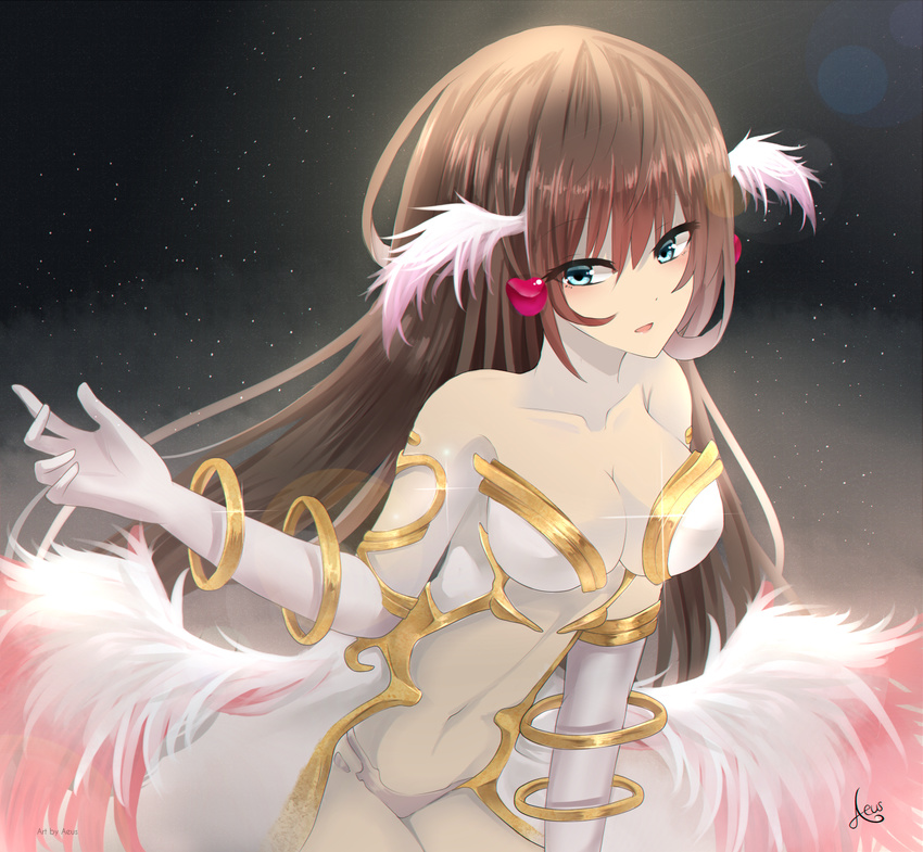 aeus aurore_(bakagummi) blue_eyes breasts brown_hair cleavage commentary_request elbow_gloves female gloves highres jewelry long_hair looking_at_viewer navel open_mouth original ring