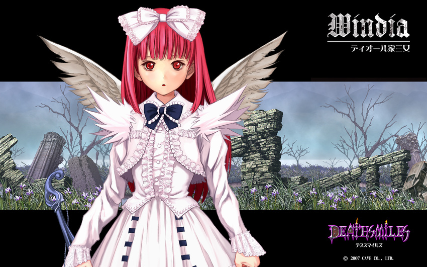 bow bowtie cave_(developer) deathsmiles dress female frills gothic_lolita hair_ribbon highres lolita_fashion long_hair pink_hair red_eyes ribbon solo windia windia_(deathsmiles) wings xbox_360