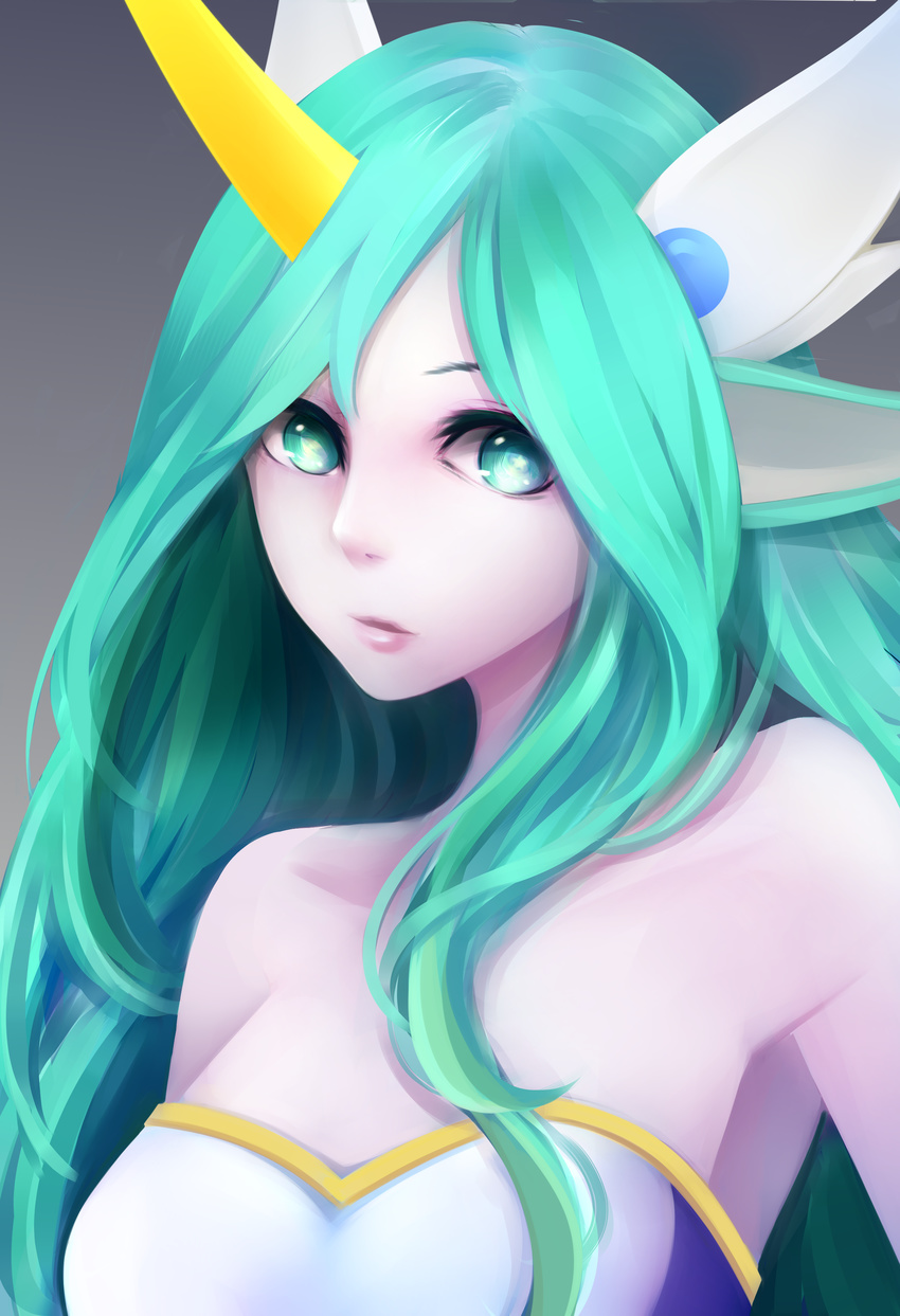 absurdres aqua_eyes aqua_hair breasts commentary english_commentary female hair_ornament highres horns league_of_legends long_hair looking_at_viewer medium_breasts rebyo self-upload single_horn solo soraka_(league_of_legends) star_guardian_(league_of_legends) star_guardian_soraka