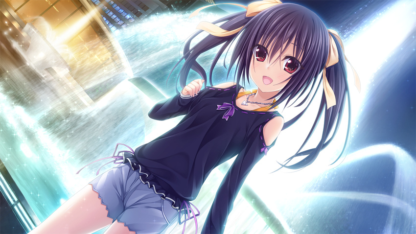 asagiri_sakura black_hair game_cg hibiki_works long_hair necklace oryou pretty_x_cation red_eyes shorts twintails